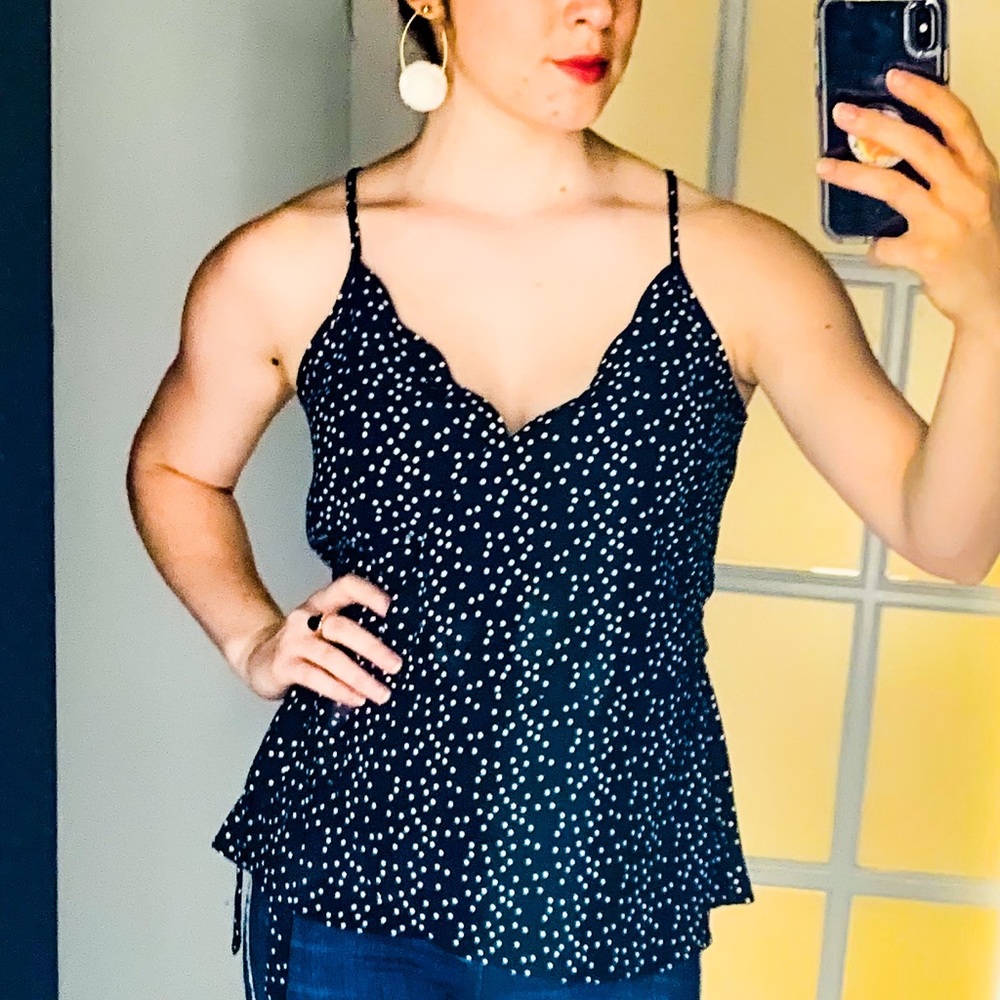 Chelsea28 Navy Scallop Dot Wrap Top